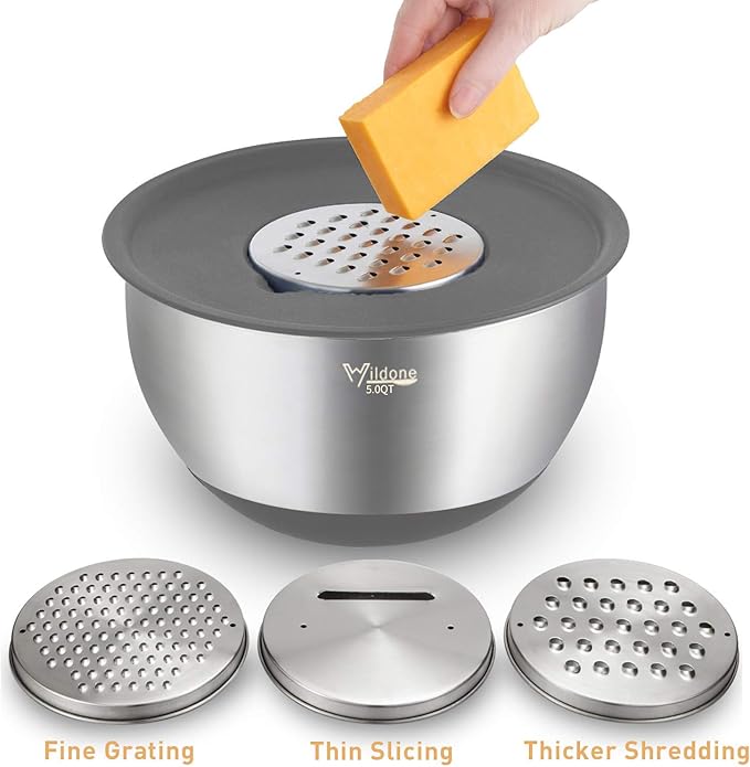 Wildone Mixing Bowls with Airtight Lids Set, 5PCS Stainless Steel Nesting Bowls Set for Kitchen, with Grater Attachments & Non-Slip Bottoms, Size 5, 3, 2, 1.5, 0.63 QT, Great for Baking & Serving