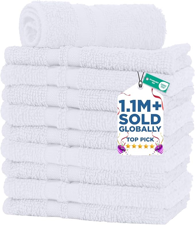DAN RIVER 10 Pack Wash Cloths for Showering [11x11] - 100% Cotton Washcloths Premium Quality Flannel Face Cloths for Bathroom, Highly Absorbent and Soft Feel Wash Clothes, White
