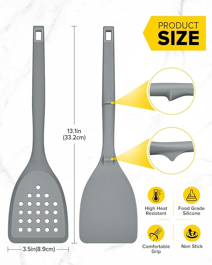 Pack of 2 Silicone Spatula Turner, Non Stick Kitchen Spatulas Set with Back Hooks, Heat Resistant BPA Free Kitchen Utensils, Suitable for Flipping Fish, Eggs, Steak, Pancakes(GRAY)
