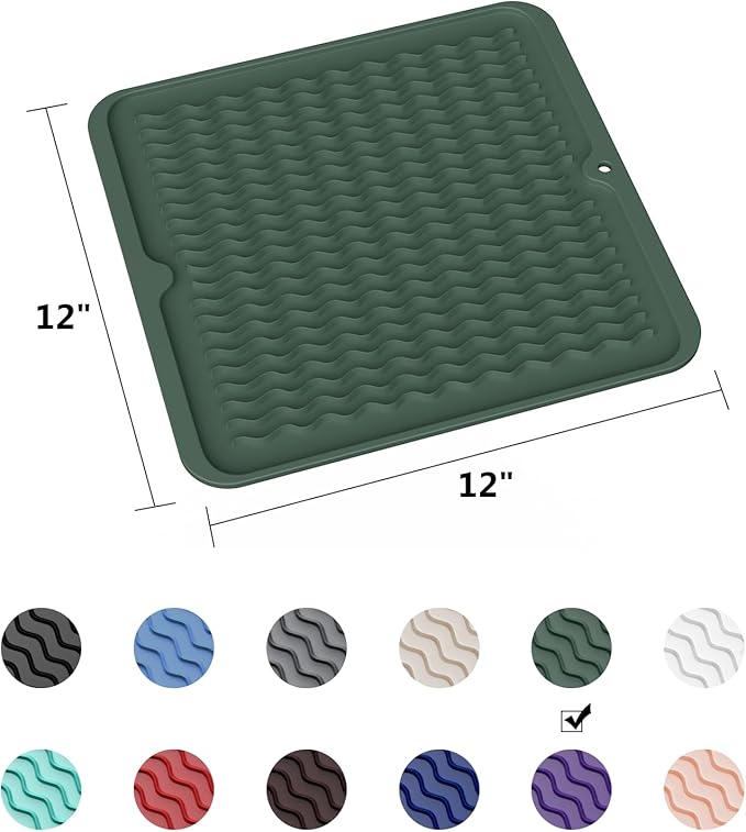 ZLR Silicone Dish Drying Mat 12" x 12" Square - Small Heat Resistant Trivet & Countertop Protector for Air Fryer, Coffee Maker - Waterproof Kitchen Drain Pad for Cups, Fruit (Dark Green)