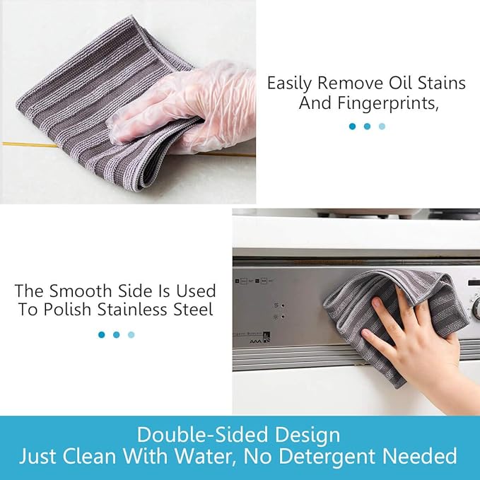8 Pack Stainless Steel Cleaning Cloth, Double-Sided Microfiber Stainless Steel Cleaner for Kitchen Stovetop, Multi-Purpose Non-Scratch Cleaning Towel, Stripe Pattern, 12 x 12 Inches