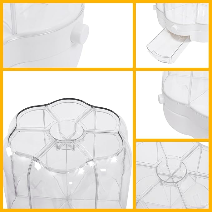 Cereal Dispenser, 6-grid 360° Rotating Grain Dispenser, 6 in 1 Sealed Clear Rice Dispenser, 12.5kg/27.56lbs Grain Storage Container, PP+PET Flower Shape Granular Dry Food Dispenser, 10.35*12.6in White