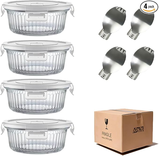 H.JSS WDJS 1.5 cup Round Glass Food Containers with Lids and Spoon, 12oz Small Glass Lunch Storage Containers, Small Round Meal Prep Bowls for Office, Outdoor. Microwave, Freezer, Dishwashe safe