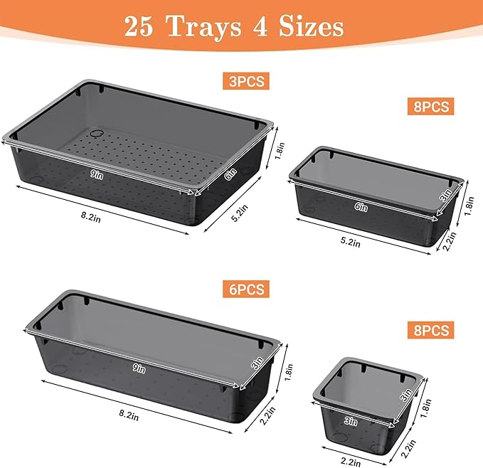 SpaceHacks 25 PCS Plastic Drawer Organizer Set, 4-Size Versatile Organizer Trays & storage Bins for Makeup, Jewelry, and Gadgets in Bathroom, Bedroom and Office,Clear Black