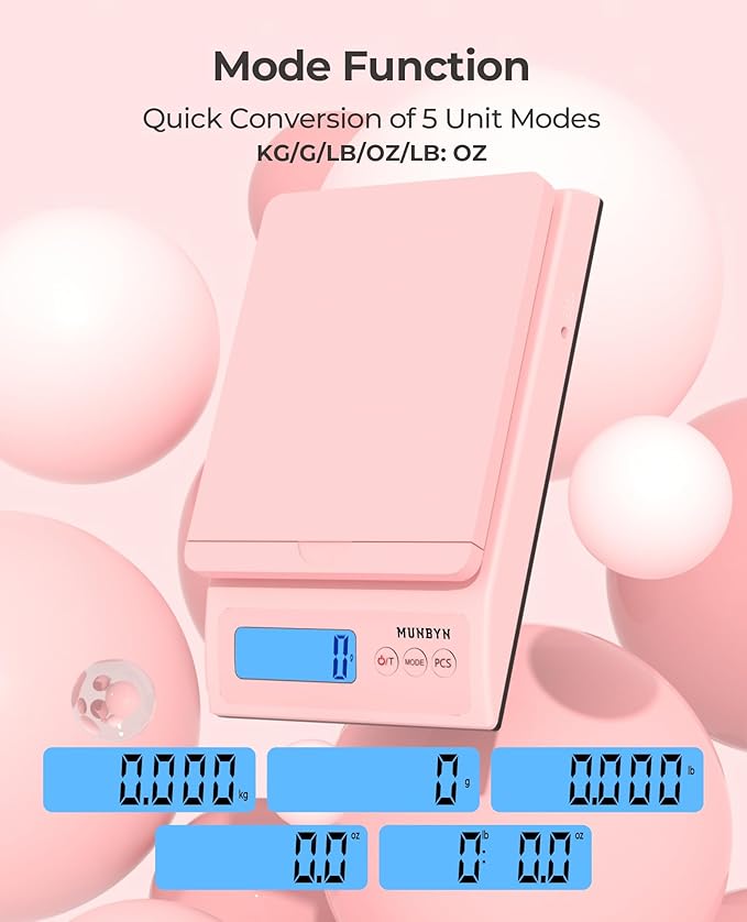 MUNBYN Shipping Scale, Accurate 66lb/0.1oz Postal Scale with Sweet Pink Style, Hold/Tear/PCS Function, Auto-Off, Battery & AC Adapter, Back-Lit LCD Display, Digital Scale for Packages and Food Pink