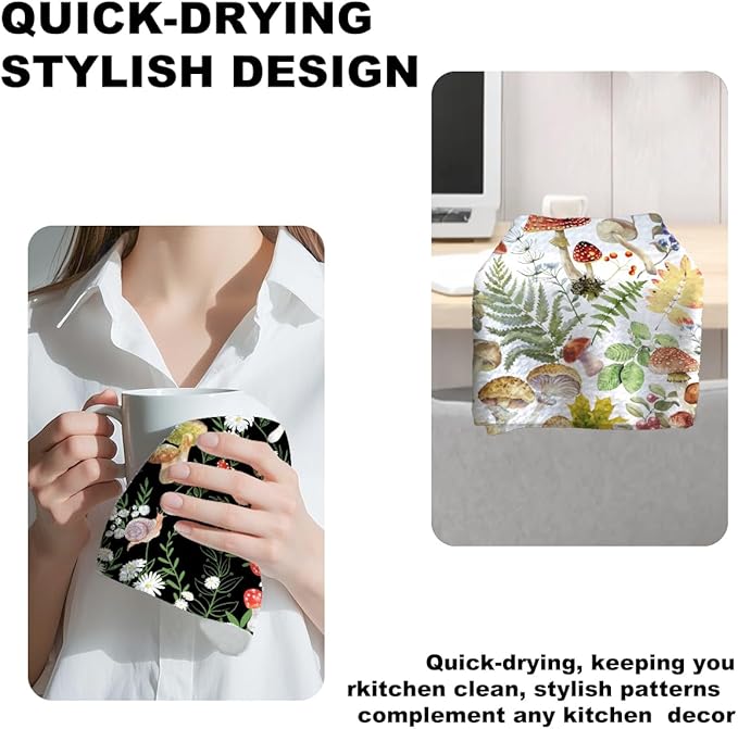 2Pcs Mushroom Kitchen Towels, Cute Botanic Floral Tea Towel Decorative Reusable Dish Hand Towels Mushroom Gifts for Cleaning Drying Women Mom Housewarming Gifts 14 x 24 Inch Kitchen Home Decor