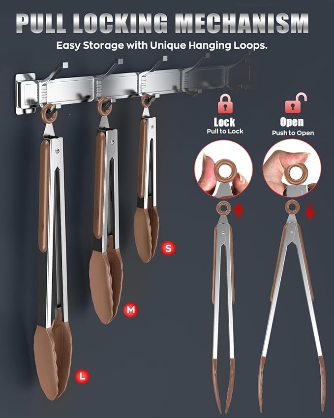 600ºF Heat Resistant Kitchen Tongs, Premium Locking Cooking Tongs with Silicone Tips, Non-Slip Food Tongs for Cooking, Non-Stick, Heavy Duty Stainless Steel Handle, Set of 3-7" 9" and 12" Mud color