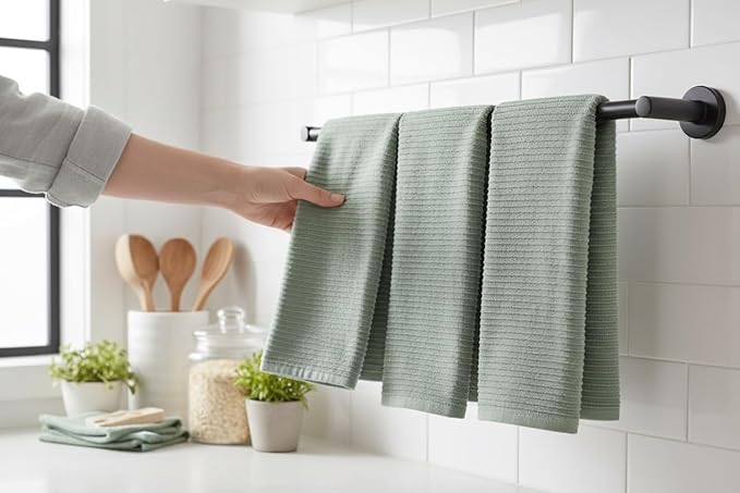 Serafina Home Sage Green Kitchen Dish Towels 100% Cotton Cloth Soft Cleaning Drying Absorbent Terry Ribbed Loop: Set of 3 Multipurpose for Everyday Use