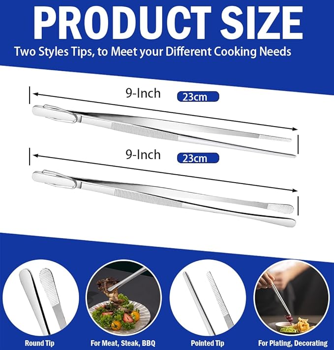 JETKONG 2 Pcs 9-Inch Kitchen Tweezers Cooking Tweezers Stainless Steel Tweezers Tongs (Silver)