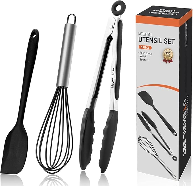 Silicone Tongs for Cooking Set of 3,Maywe Tanso 11"Kitchen Tongs with Silicone Tips- 600°F Heat Resistant,10"Whisk for Non-stick Cookware Plus 8.5"Spatula,Cooking Set|Dishwasher Safe