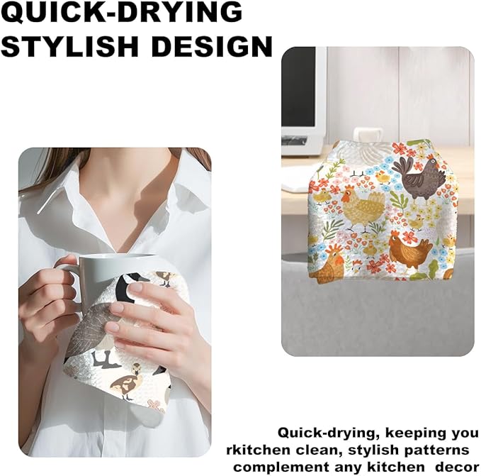 Jztco 2Pcs Farmhouse Chicken Kitchen Towels, Floral Tea Towel Decorative Reusable Dish Hand Towels Duck Lover Gifts for Cleaning Drying Women Mom Housewarming Gifts 14 x 24 Inch Kitchen Home Decor