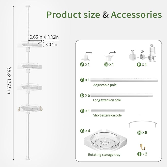 akinbas Shower Caddy Tension Pole with 4 L-Lazy Susan Organizer 360 Rotating 35-128 Inch No Drilling Floor Standing Shelves Adjustable Shower Rack for Bathroom Corner (White)