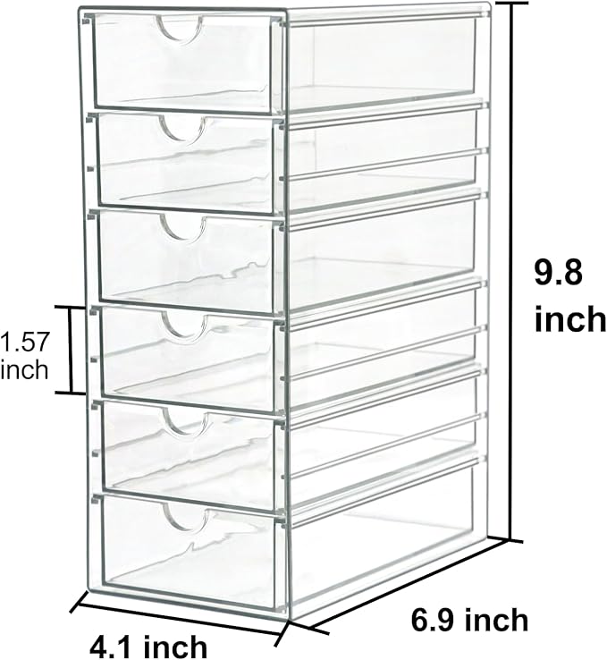 Clear Drawer Organizer, Transparent Plastic Storage Drawers, Hair Accessaries Organizer Case Display Stand, Acrylic Organizers for Organizing Eyeglass, Hair Ties, Accessories (Large - 6-Drawer)