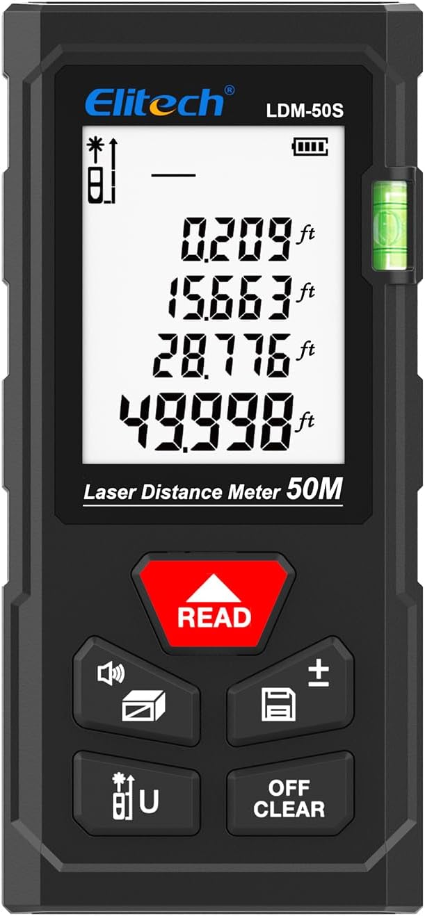 Elitech Laser Measure 165ft, Digital Laser Tape Measure for Home Decor & DIY, Handheld Distance Meter with Bubble Level, 99 Data Memory - Easier Than Metal Tape (Battery & Hand Strap Included)