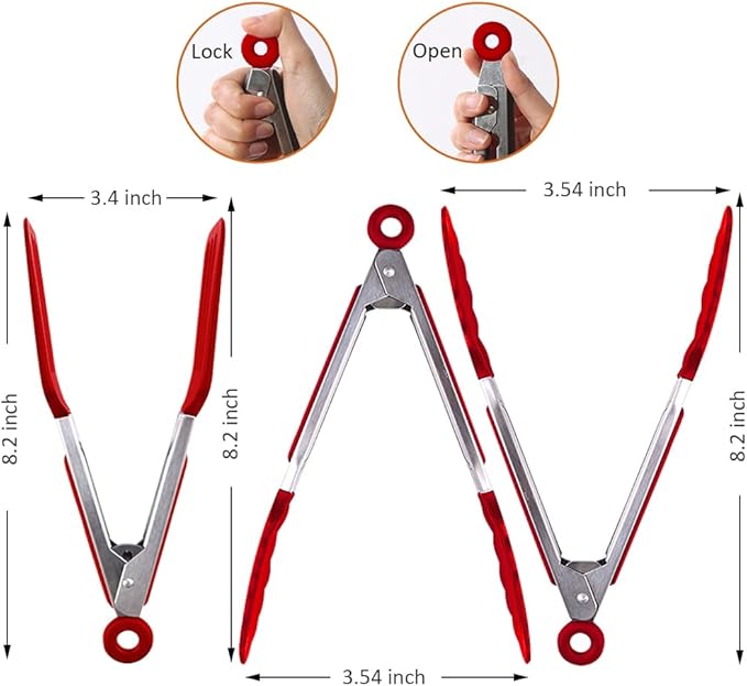 Mini Silicone Serving Tongs Set of 3, Small Kitchen Tongs (7 inch) with Silicone Tips and Stainless Steel Handle, Small Tongs for Steaks, Salads, Vegetables(Red)