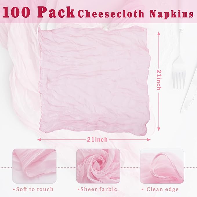 100 Pack Light Pink Cloth Napkins 21x21 Inches Light Pink Cheesecloth Napkins Set of 100 Washable Dinner Table Napkins for Wedding Summer Bridal Baby Shower Rustic Boho Cotton Gauze Party Table Decor