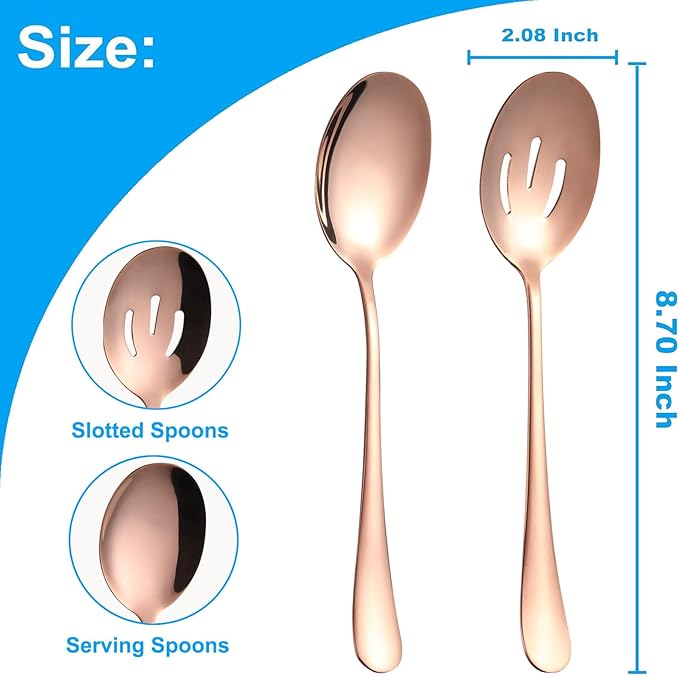 6 Pieces Serving Spoons Set, 8.7 Inch Serving Spoon, Includes 3 Serving Spoons and 3 Slotted Spoons, Stainless Steel Buffet Banquet Spoons, Large Spoons Utensils Cutlery Set for Kitchen, Rose Gold
