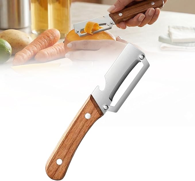 2026 Upgrade 2-in-1 Vegetable Peeler with Bottle Opener, Stainless Steel Peeler for Kitchen with Wooden Handle, Multifunctional Potato Peeler for Fruit Veggie Pumpkin Sugarcane Papaya Carrot (1pc)