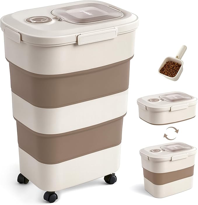 ZOMISIA 40-50lbs Dog Food Storage Container, Large Capacity Collapsible Airtight Pet Food Storage Containers with Rolling Wheels, Transparent Lid, Scoop and Date Track, Brown