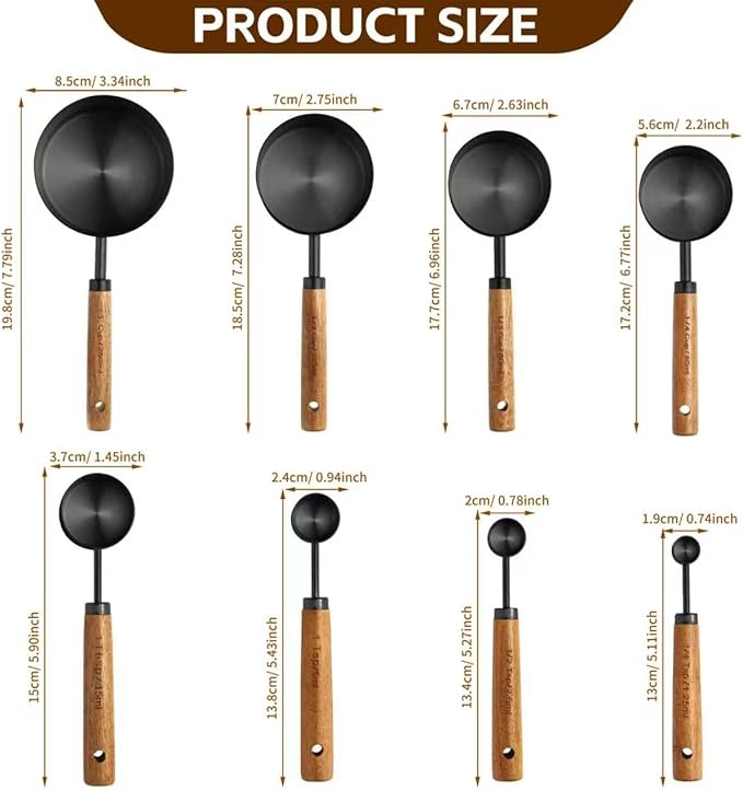 Black Measuring Cups and Spoons Set,8 Piece Stainless Steel Measuring Cup with Wood Handles for Cooking and Baking in the Kitchen