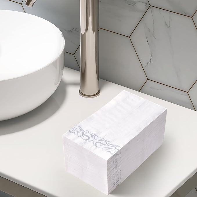 Vplus 200 Pack Paper Napkins Guest Towels Disposable Premium Quality 3-ply Dinner Napkins Disposable Soft, Absorbent, Perfect for Kitchen, Wedding, Parties, Dinners or Events(Silver)