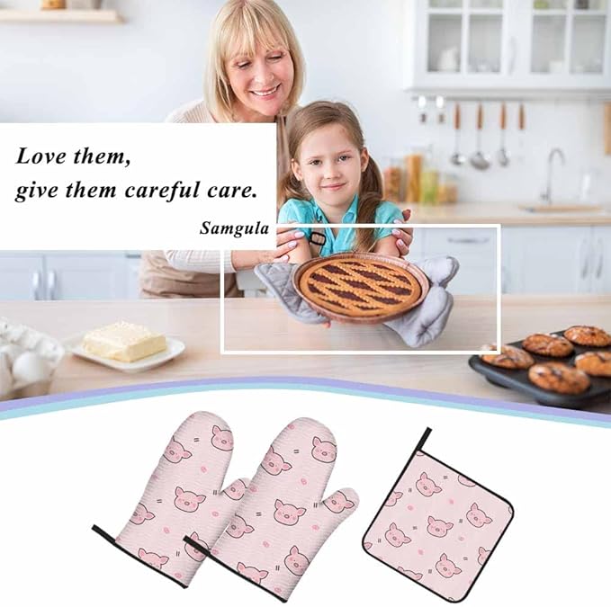 Pink Pig Oven Mitts and Pot Holders Sets Kawaii Face Lovely Heat Resistant 3pcs for Cooking Baking BBQ