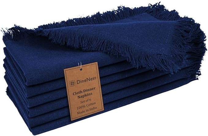 Cloth Dinner Napkins with Fringes 20x20 Inch 100% Cotton Set of 6 - for Dining Special Occasions Wedding Holidays Easter - Soft Durable Washable - Elegant Table Cloth Napkins Navy Blue