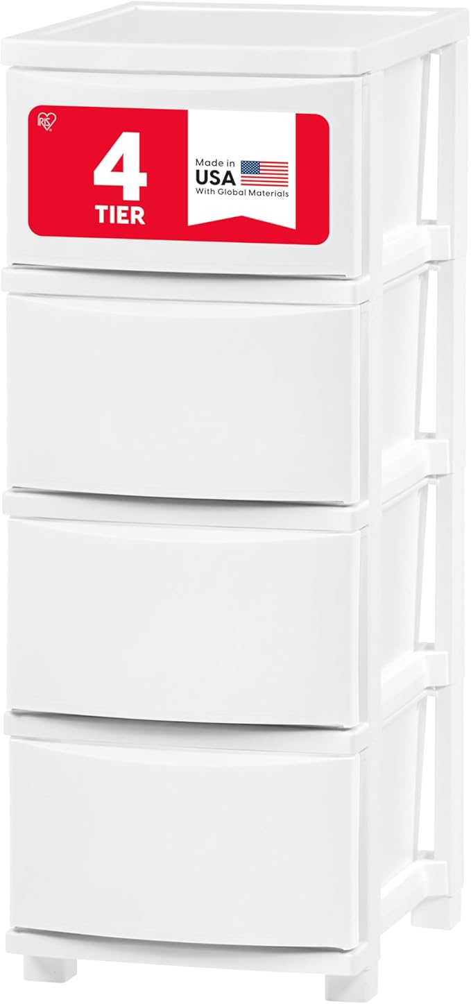 IRIS USA Plastic Drawer Storage Organizer, 4-Drawers, for Classroom Art Supplies Bathroom Dorm Bedroom Laundry Room, Slim Narrow, White Frame with Matte White Front Panels