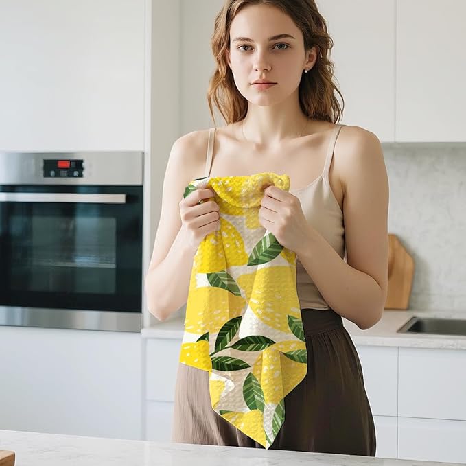 2Pcs Lemon Kitchen Towels, Farmhouse Absorbent Tea Towel Decorative Reusable Dish Hand Towels Lemon Lover Gifts for Cleaning Drying Women Mom Housewarming Gifts 14 x 24 Inch Kitchen Home Decor