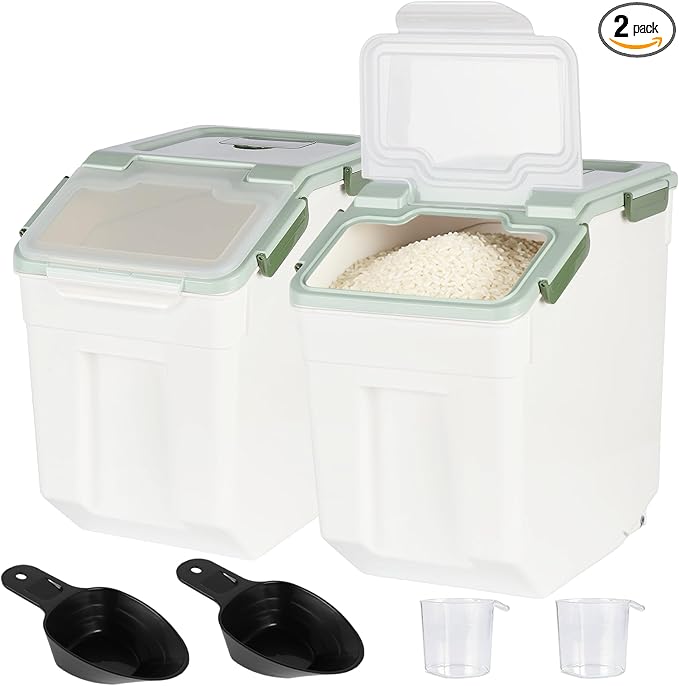 PENCK Rice Storage Container 50 lbs Large Household Flour Sugar Containers Airtight Grain Cereal Dispenser with Wheels, Locking Lid & Measuring Cup for Kitchen Pantry Organization, 2 Pack(Green)