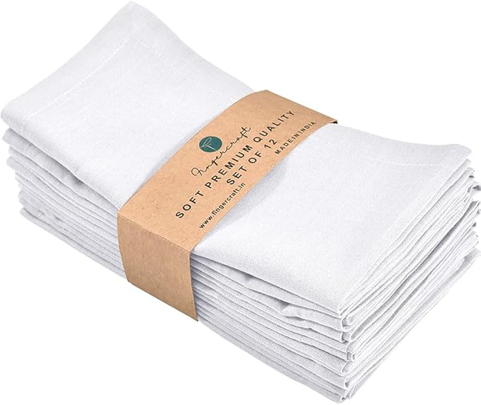 FINGERCRAFT Dinner Cloth Napkin Cotton Linen Blend 12 Pack Natural Premium Quality, Mitred Corner for Every Day Use Pre Shrunk and Good Absorbency 20x20 inch Easter Color White