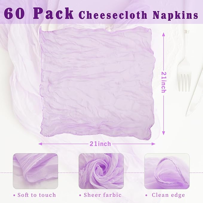 60 Pack Lilac Cloth Napkins 21x21 Inches Lilac Cheesecloth Napkins Set of 60 Washable Dinner Table Napkins for Wedding Bridal Baby Shower Rustic Boho Cotton Gauze Family Gathering Table Decor