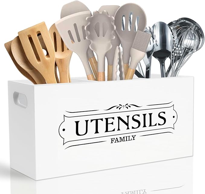 Kitchen Utensil Holder for Countertop, Extra Large Organizers and Storage - Wooden Farmhouse Decor and Utensil Crock for Kitchen Counter, Rustic Countertop Organizer for Cooking Tools(White)