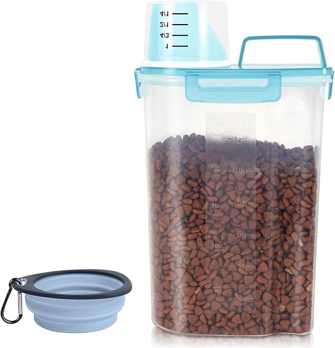 LEAWALK 3-5Lbs/3Qt Dog Cat Food Storage Container With Foldable Bowl. Plastic Pet Food Dispenser for Small Animal Kibble/Pet Food/Bird Seed/Oatmeal/Rice/Flour/Brown Sugart/Cereals (Clear Bule)