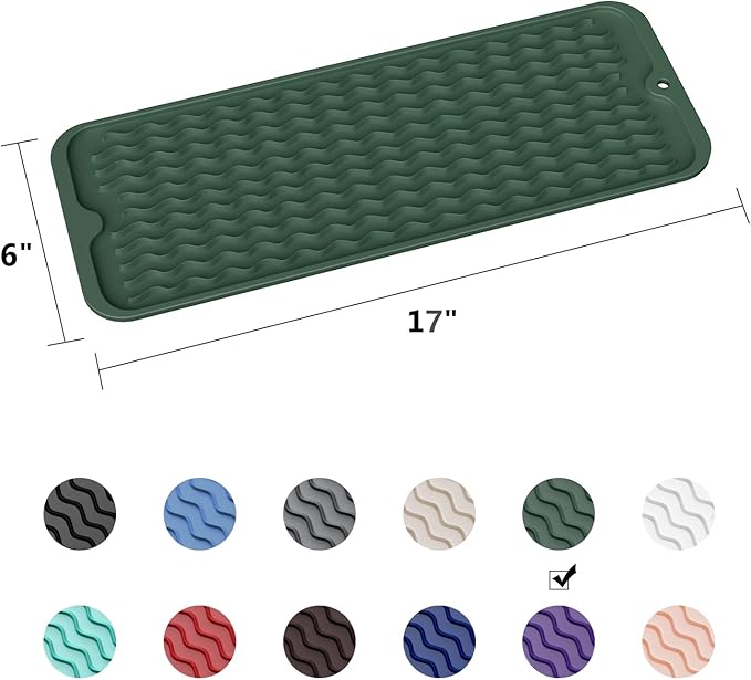 ZLR Silicone Sponge Holder & Sink Caddy Tray (6" x 17") - Narrow Dish Drying Mat for Kitchen Counter - Waterproof Soap Dispenser Organizer, Non-Slip Bathroom Vanity Tray (Dark Green)