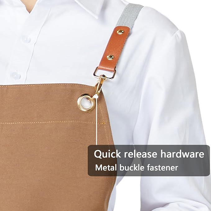 KITCHIEF Pottery Apron Split Leg,Cross Back Chef Apron with Pockets,Painting Apron with Adjustable Straps for Cooking,Baking,BBQ,Ceramic,GardeningQ(Brown)