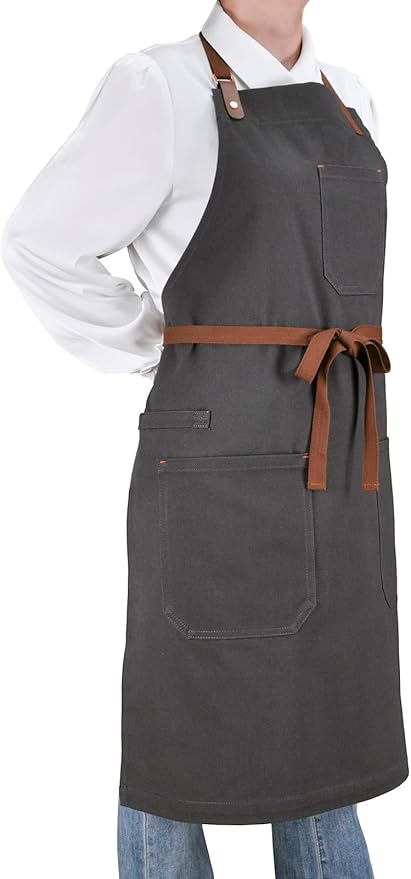 Professional Chef Apron for Men Women with Pockets, Bib Apron for Cooking Kitchen Grill BBQ, with Towel Loop and Adjustable Neck Strap (Dark Grey)