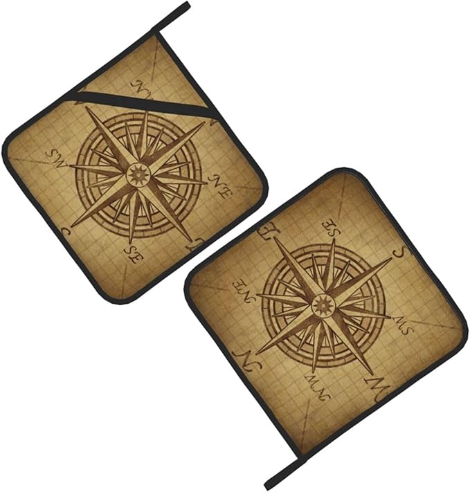 Pot Holders 2PCS Return Compass,Vintage Compass Rose Pot Holder, Art Brown Kitchen for Cooking Baking BBQ Grilling