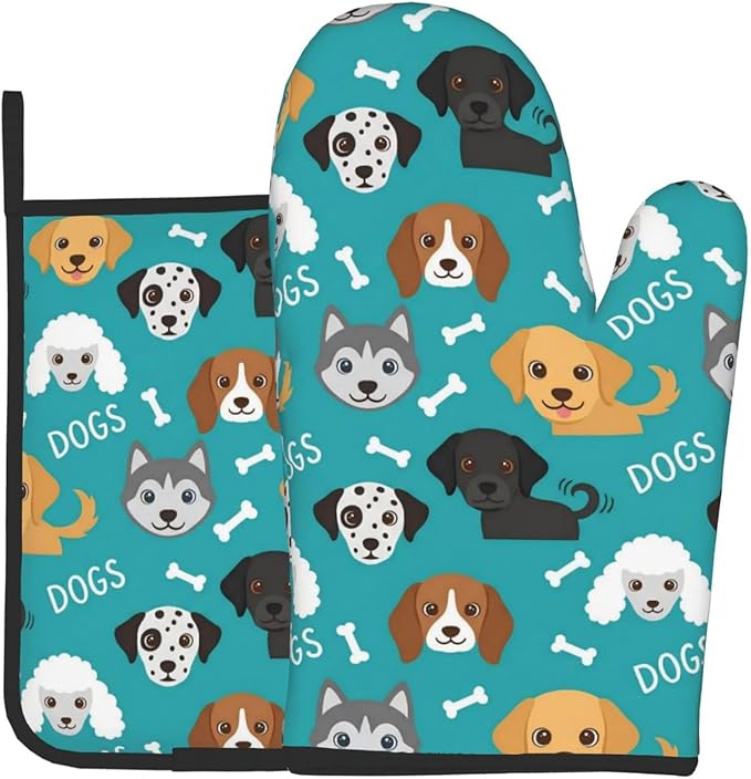 Dogs and Bone Oven Mitts and Pot Holders Green Background Heat Resistant Oven Mitts Safe for Baking Cooking BBQ