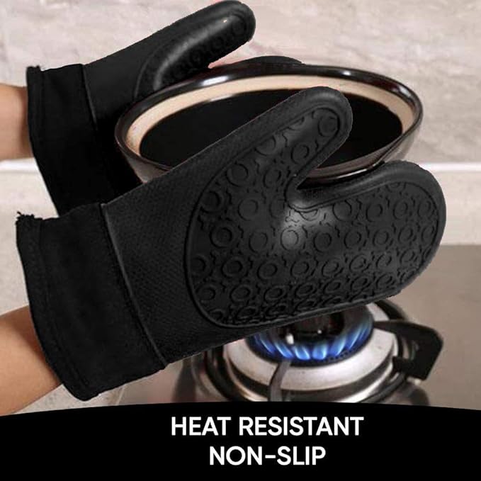 2PCS Black Professional Extra Large Silicone Oven Mitts and Pot Holders Oven Gloves Heat Resistant Gloves Kitchen Mittens BBQ Holders for Cooking Grill Rubber for Cooking