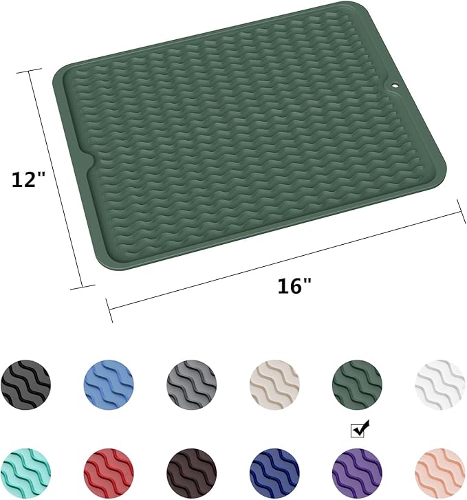 ZLR Silicone Dish Drying Mat & Heat Resistant Trivet (12" x 16") - Waterproof Counter Protector for Air Fryer, Coffee Maker - Non-Slip, BPA Free Kitchen Pad, Easy Clean Dishwasher Safe (Green)
