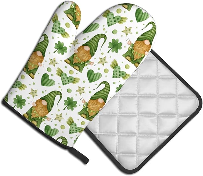 St. Patrick's Day Gnome Oven Mitts and Pot Holders Heat Resistant Oven Mitts Safe for Baking Cooking BBQ