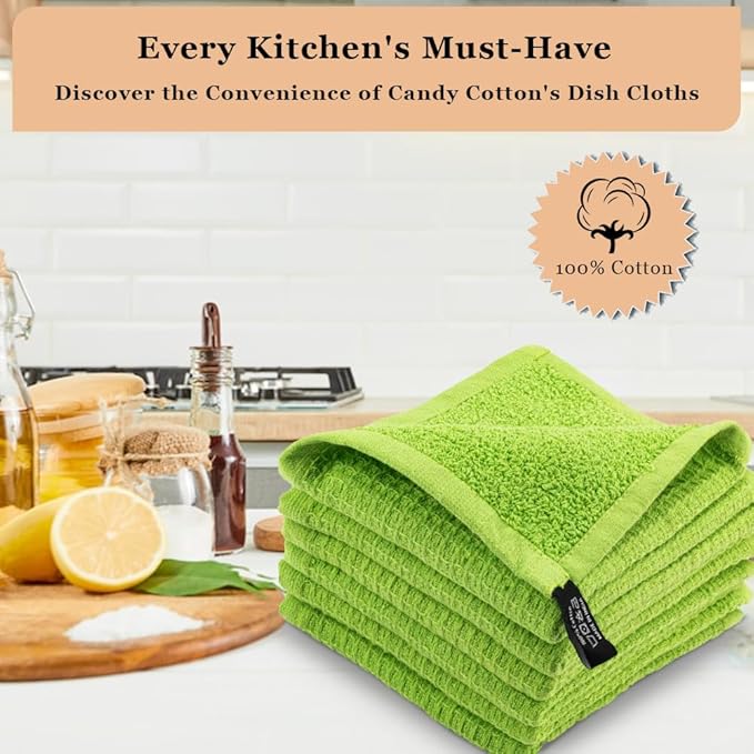 Kitchen Cleaning Dish Wash Cloths Waffle Terry Design Kitchen DishCloths|Washable 12x12 Cotton Dish Rags for Drying Dishes|Counter Top Barista Dust Wipes|Spring Easter Basket Decor| 6 Pc -Apple Green