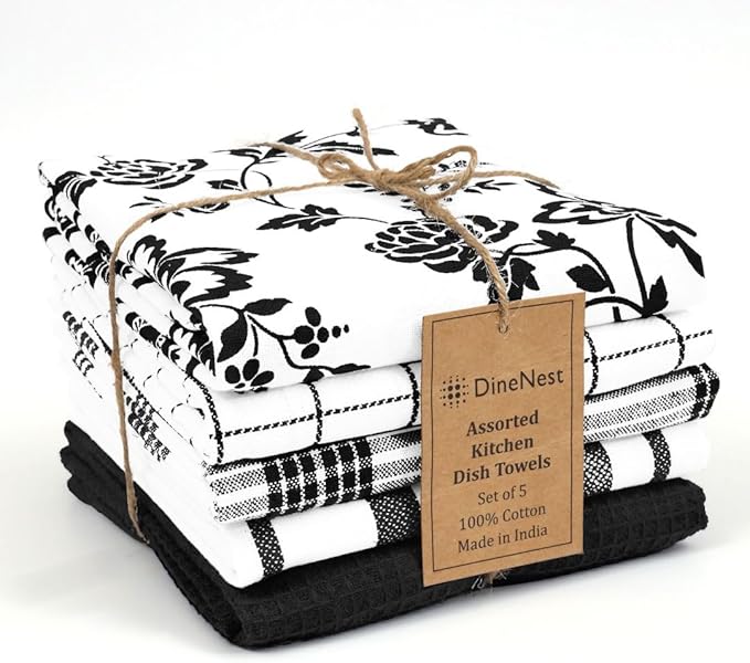 Assorted Kitchen Towels 100% Cotton 16x26 Inch - Super Absorbent, Soft & Quick Drying, Multi-Purpose for Drying & Cleaning, Ideal for Kitchen & Home Use, Set of 5 Low-Lint Dish Towels Black