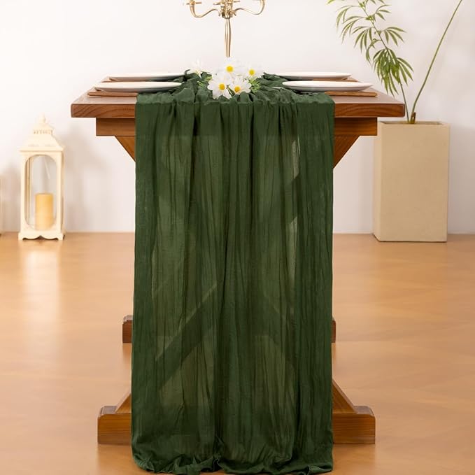 Socomi 3pcs Olive Green Spring Cheesecloth Table Runner Boho Rustic Gauze 120 inch 10FT Cheese Cloth Runner for Wedding Party Baby Shower Birthday Home Decor