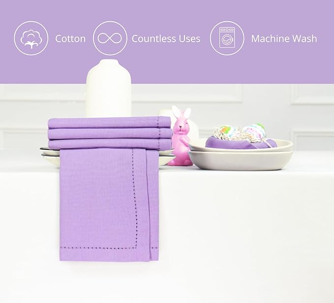 PurpleEssences Set of 12 Hemstitch Cloth Dinner Napkins 100% Cotton - Soft Durable Washable - Ideal for Wedding Spring Easter Summer - Perfect Everyday Use Table Linen 18x18 - Lavender