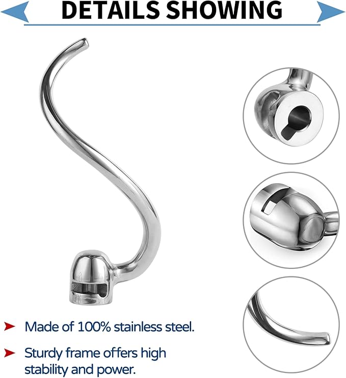 Stainless Steel Spiral Dough Hook Compatible with KitchenAid 5 Plus-6QT Mixer,Bowl Lift Stand Mixer Accessory, Rust Resistant, Effectively Kneads Bread,Pizza,Pasta and Biscuits,Dishwasher Safe