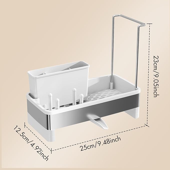 Sink Caddy, Stainless Steel Sink Caddy with Brush Holder, Kitchen Sink Caddy Dishcloth Rack and Holds Soap Dispenser, Sink Organizer Auto-Drain Rustproof Countertop Organizer (White)