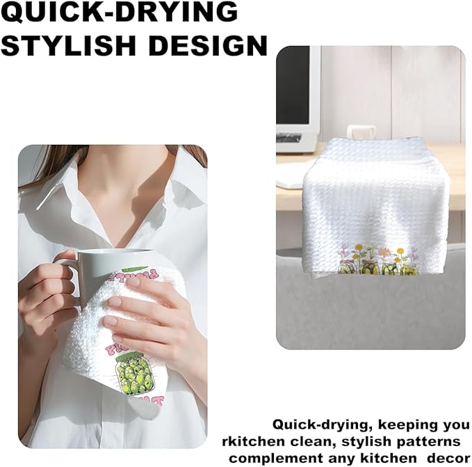 2Pcs Pickle Kitchen Towels, Pickle Lover Gifts Floral Tea Towel Decorative Reusable Dish Hand Towels Food Lover Gift for Cleaning Drying Women Housewarming Gift 14 x 24 Inch Kitchen Decor