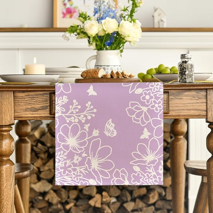 Artoid Mode Purple Bloom Flowers Butterfly Spring Table Runner,Seasonal Summer Kitchen Dining Table Decoration for Home Party Decor 13x72 Inch